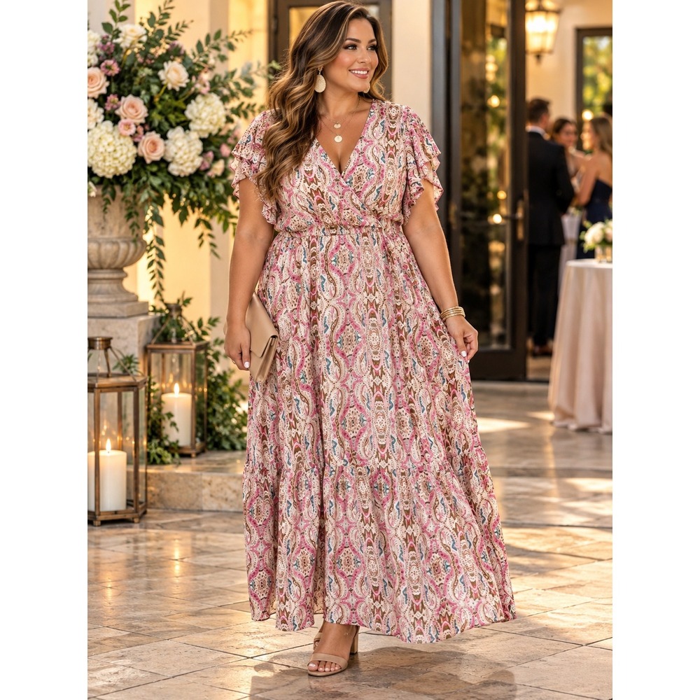 Lane Bryant Pink Paisley Surplice Maxi Dress Flutter Sleeve Tiered Size 24 NWT